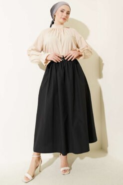 Wide Belted Poplin Skirt Black wholesale skirt view 2 - Hicabistan Turkey factory