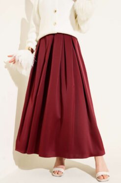 Wide Pleated Satin Skirt Burgundy wholesale skirt - Hicabistan Turkey factory