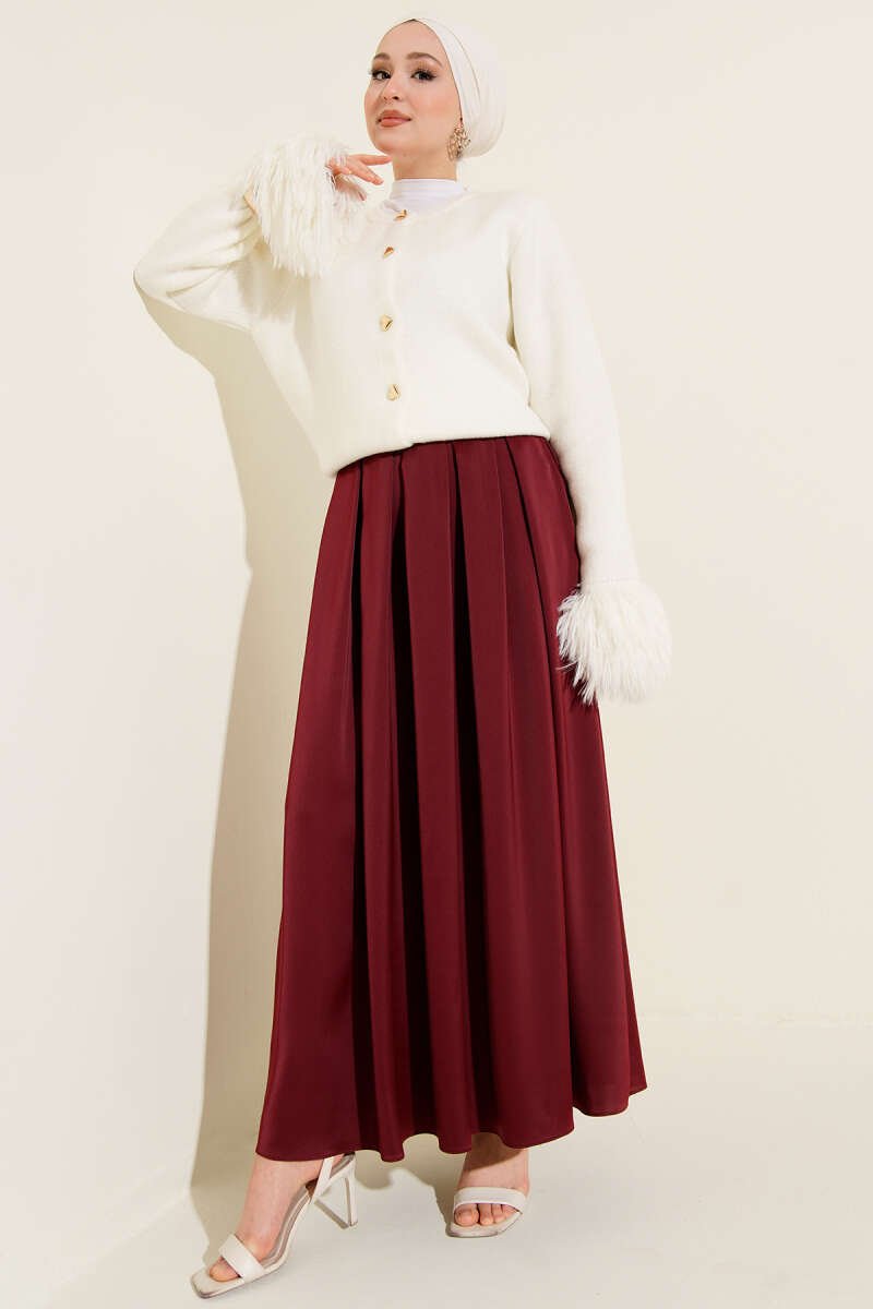 Wide Pleated Satin Skirt Burgundy en gros skirt view 2 - Hicabistan usine Turquie