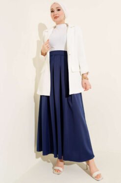 Wide Pleated Satin Skirt Navy Blue wholesale skirt view 2 - Hicabistan Turkey factory