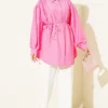 Hidden Button Balloon Sleeve Tie Waist Shirt Fuchsia wholesale shirt view 2 - Hicabistan Turkey factory