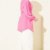Hidden Button Balloon Sleeve Tie Waist Shirt Fuchsia wholesale shirt view 3 - Hicabistan Turkey factory