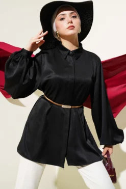 Hidden Button Balloon Sleeve Satin Shirt Black