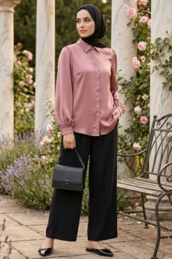 Hidden Button Basic Satin Shirt Großhandel shirt view 2 - Hicabistan Türkei Fabrik