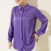Hidden Button Basic Satin Shirt Lilac