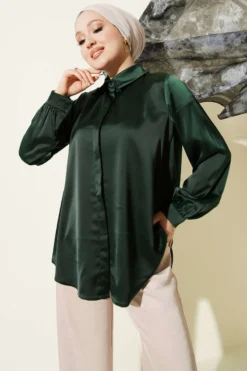 Hidden Button Basic Satin Shirt Emerald wholesale shirt - Hicabistan Turkey factory