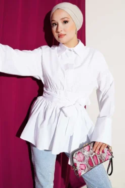 Hidden Button Waist Tie Shirt White Großhandel shirt - Hicabistan Türkei Fabrik