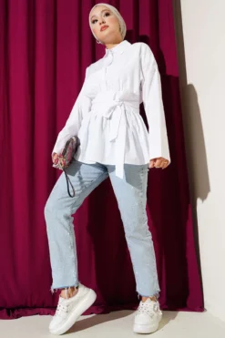 Hidden Button Waist Tie Shirt White Großhandel shirt view 2 - Hicabistan Türkei Fabrik