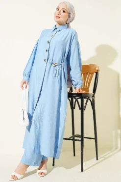 Alternative view of Long Tunic Set with Hidden Button and String Detail Blue
