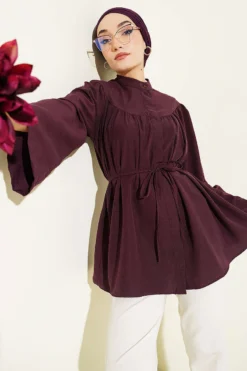 Hidden Button Tie Belted Poplin Shirt Plum