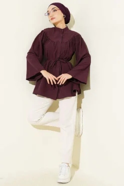 Alternative view of Hidden Button Tie Belted Poplin Shirt Plum