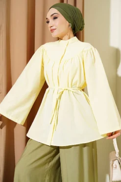 Hidden Button Tie Belted Poplin Shirt Yellow
