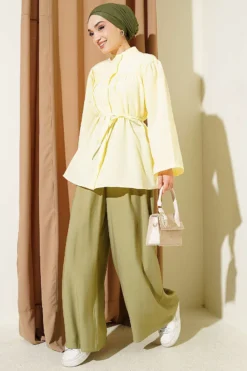 Alternative view of Hidden Button Tie Belted Poplin Shirt Yellow