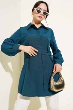 Hidden Button Self-Belted Shirt Petrol