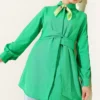 Hidden Button Self-Belted Shirt Green groothandel shirt - Hicabistan Turkije fabriek