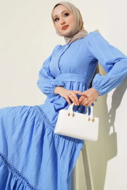 Hidden Button Belted Dress Blue all'ingrosso dress view 2 - Hicabistan fabbrica Turchia