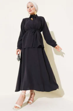 Hidden Button Belted Skirt Set Black