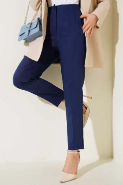 Hidden Zipper Slim Fit Pants Navy Blue