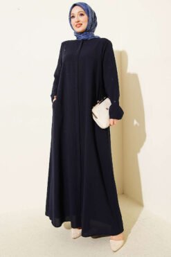 Hidden Zipper Bejeweled Abaya Navy Blue