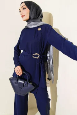 Belted Two-Piece Set with Gold Accents Navy Blue