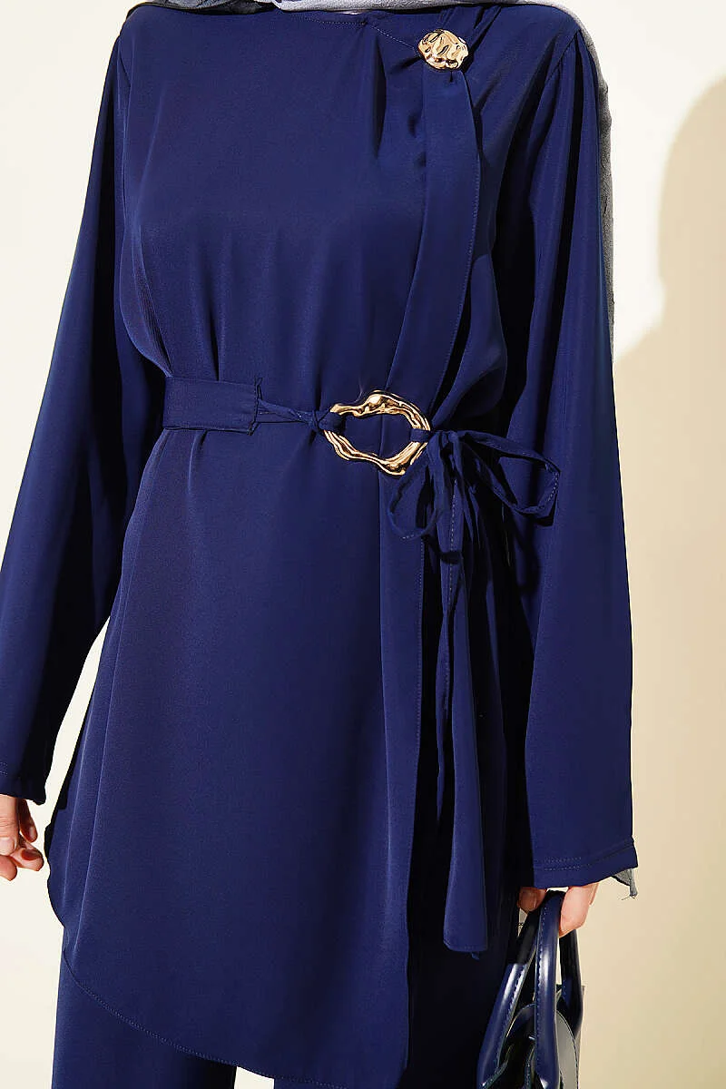 Belted Two-Piece Set with Gold Accents Navy Blue - Image 4