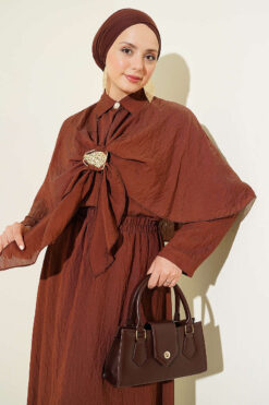 Cape with Skirt Set with Gold Accessories Brown wholesale clothing set view 2 - Hicabistan Turkey factory