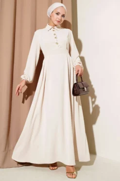 Dress with Gold Button Detail Beige