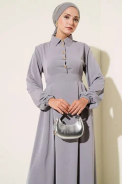 Dress with Gold Button Detail Grey wholesale dress view 2 - Hicabistan Turkey factory