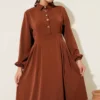 Dress with Gold Button Detail Brown wholesale dress view 2 - Hicabistan Turkey factory