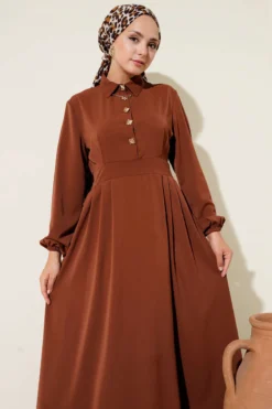 Dress with Gold Button Detail Brown wholesale dress view 2 - Hicabistan Turkey factory