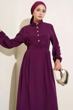 Dress with Gold Button Detail Purple wholesale dress view 2 - Hicabistan Turkey factory
