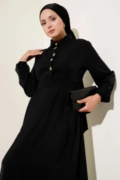 Dress with Gold Button Detail Black wholesale dress view 2 - Hicabistan Turkey factory