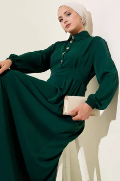 Dress with Gold Button Detail Emerald wholesale dress view 2 - Hicabistan Turkey factory