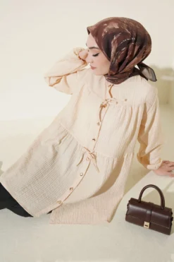 Buttoned String Detail Shirt Beige