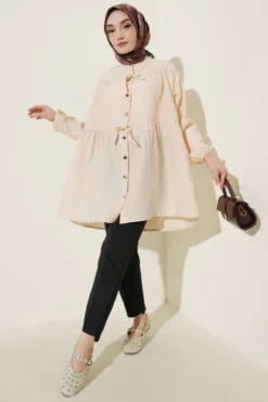 Alternative view of Buttoned String Detail Shirt Beige