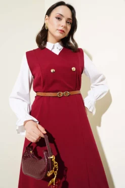 Buttoned Belted Dress Burgundy wholesale dress view 2 - Hicabistan Turkey factory
