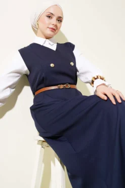 Buttoned Belted Dress Navy Blue wholesale dress view 2 - Hicabistan Turkey factory