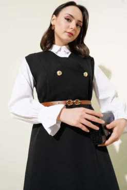 Buttoned Belted Dress Black wholesale dress view 2 - Hicabistan Turkey factory