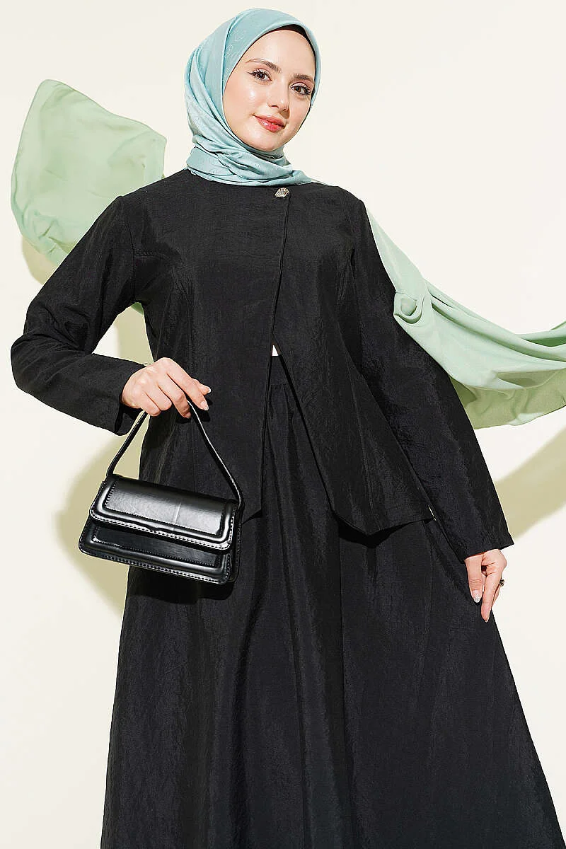 Buttoned Parachute Skirt Set Black wholesale clothing set - Hicabistan Turkey factory
