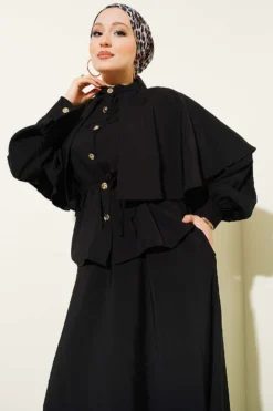 Alternative view of Modal Skirt Set with Cape and Gold Buttons Black