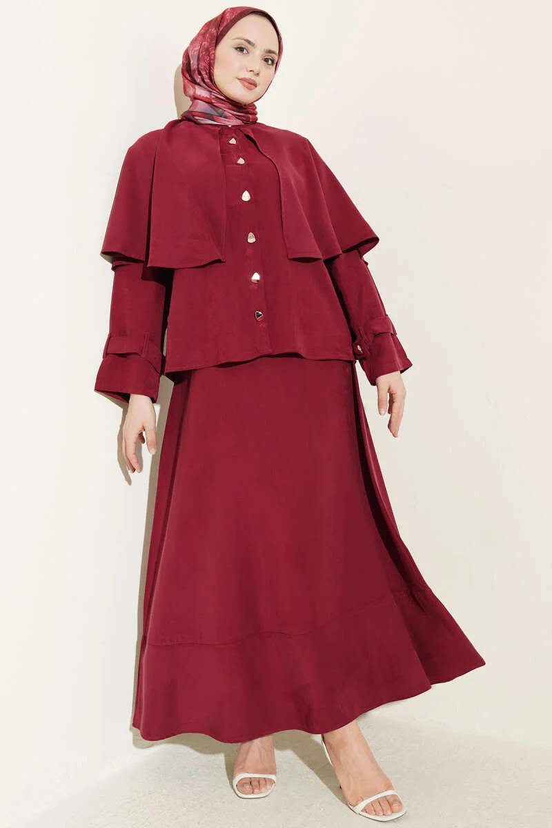 Gold Buttoned Cloak with Tensel Skirt Set Burgundy Großhandel clothing set - Hicabistan Türkei Fabrik