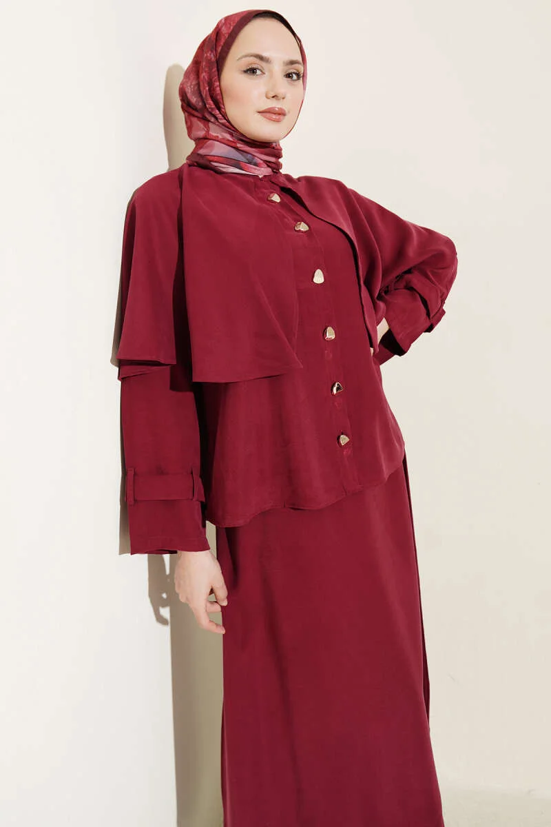 Gold Buttoned Cloak with Tensel Skirt Set Burgundy Großhandel clothing set view 2 - Hicabistan Türkei Fabrik