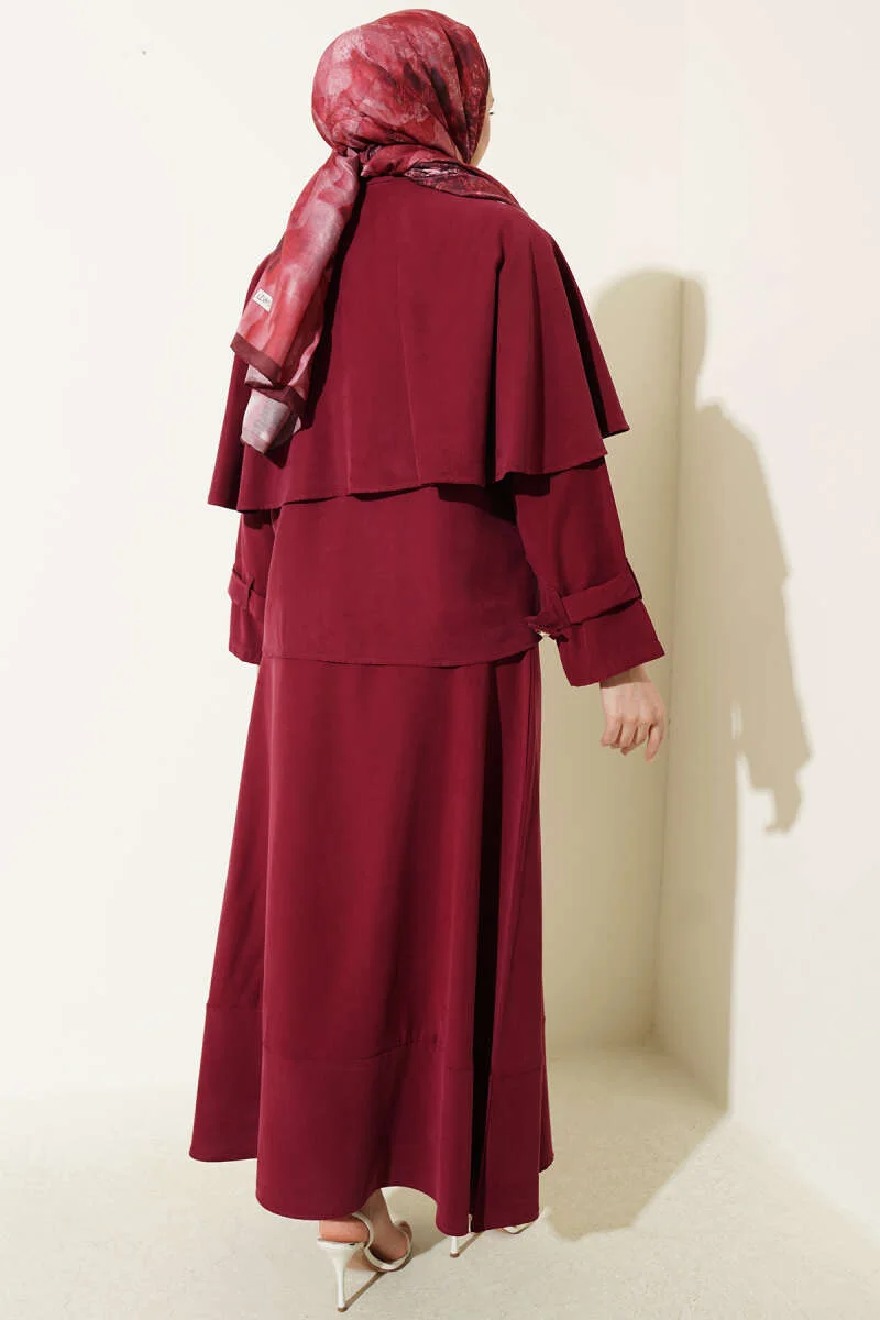 Gold Buttoned Cloak with Tensel Skirt Set Burgundy Großhandel clothing set view 3 - Hicabistan Türkei Fabrik