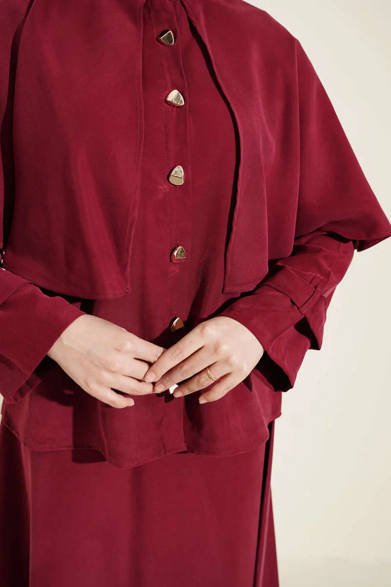 Gold Buttoned Cloak with Tensel Skirt Set Burgundy Großhandel clothing set view 4 - Hicabistan Türkei Fabrik
