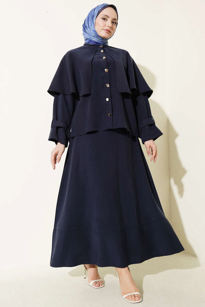 Gold Buttoned Cloak with Tensel Skirt Set Navy Blue Großhandel clothing set - Hicabistan Türkei Fabrik