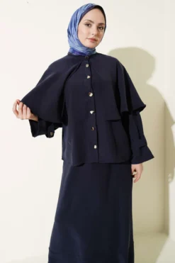 Gold Buttoned Cloak with Tensel Skirt Set Navy Blue wholesale clothing set view 2 - Hicabistan Turkey factory