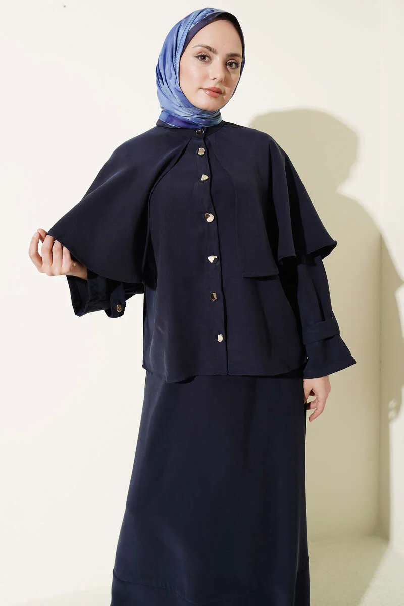 Gold Buttoned Cloak with Tensel Skirt Set Navy Blue Großhandel clothing set view 2 - Hicabistan Türkei Fabrik