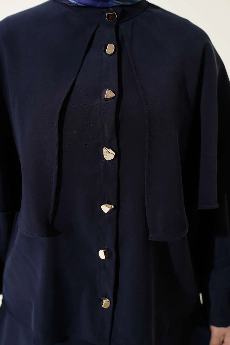 Gold Buttoned Cloak with Tensel Skirt Set Navy Blue Großhandel clothing set view 4 - Hicabistan Türkei Fabrik