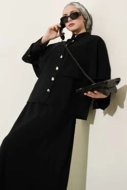 Gold Buttoned Cloak with Tensel Skirt Set Black wholesale clothing set view 2 - Hicabistan Turkey factory