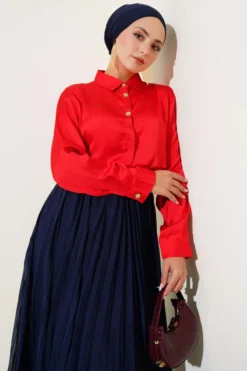 Buttoned Satin Shirt Red بالجملة shirt - Hicabistan مصنع تركيا